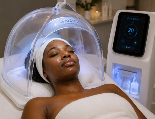 Cliente recevant un soin du visage sous une capsule O2ToDerm.
